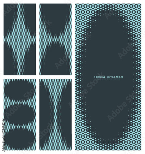 Assorted vector rhombus grid cyan black halftone pattern set in vertical 9:20 aspect ratio including oval frame and various unique rounded borders. Varied half tone mod conceptual design elements pack