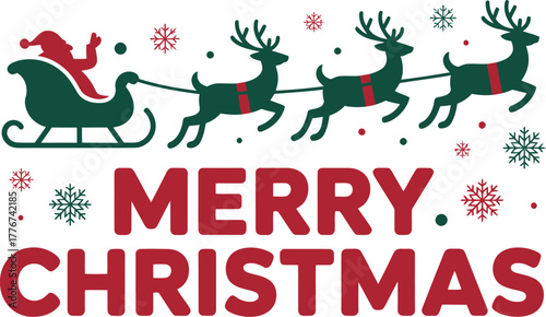 Festive merry christmas text with santa claus riding in a sleigh pulled by reindeer and snowflakes