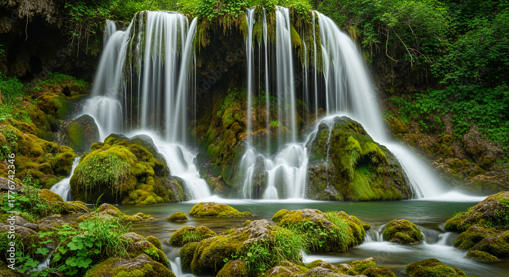 Obraz premium Image is a natural landscape photograph featuring a lush, green waterfall cascading over moss-covered rocks. The waterfall is composed of several thin streams of water flowing gently down the rocky su
