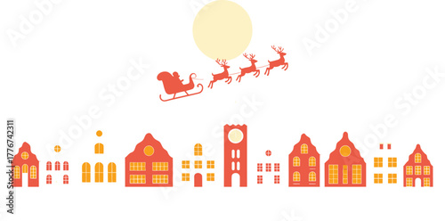 Whimsical christmas village scene with santa claus and reindeer flying over colorful buildings during the holiday season