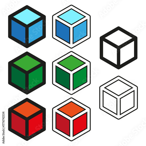 Geometric cube icons. Three dimensional symbol set. Colored outline Vector graphic. Object building element.