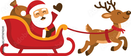 Joyful santa claus in a red sleigh pulled by a happy reindeer on a white background