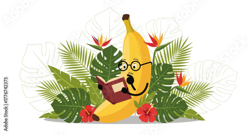 A Bookish Banana Embraces Tropical Flora, A Sweet Literary Moment of Joy