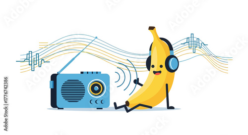 A Cheerful Banana Delights In Music From A Stylish Vintage Radio Aesthetic