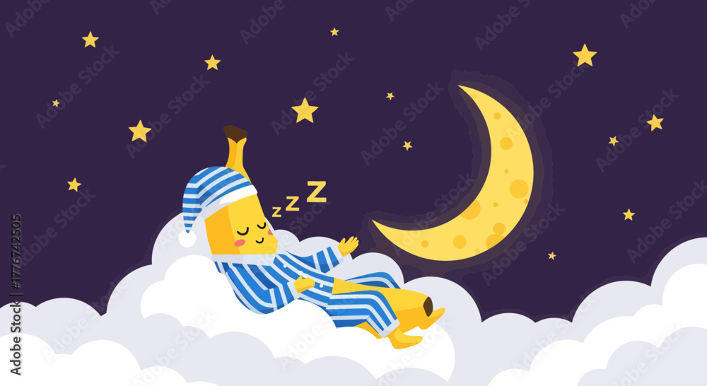 Naklejka premium A Sleeping Banana Adrift in Dreamland Under a Peaceful Crescent Moon