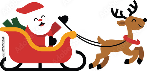Joyful cartoon santa claus riding in a red sleigh pulled by a happy reindeer on a white background