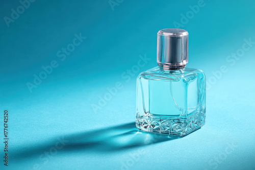 A mockup of a small perfume bottle on a soft blue empty studio background