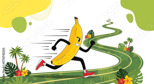 Animated Banana Athlete Charging Forward On Track, Illustration Of Health And Competition