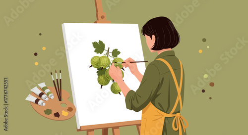 Artist Painting Green Gooseberries on Canvas Depicting Fresh Natural Imagery