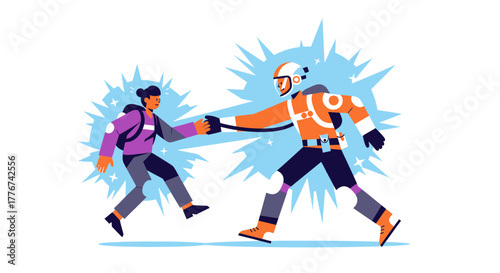 Astronaut Assists Woman, Showing Support, Protection, and Solidarity in a Crisis Scenario