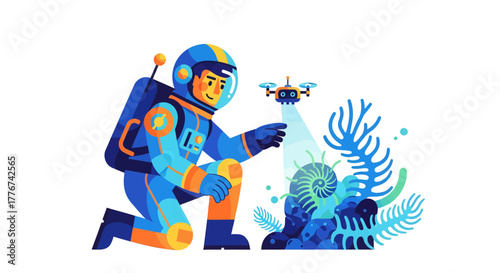 Astronaut Exploring Oceanic Flora and Fauna Using a Drone Technology for Research Purposes