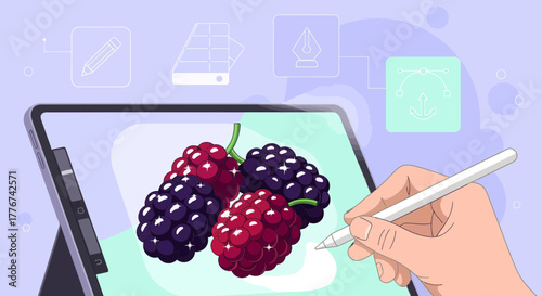 Digital Illustration Of Fresh Blackberries Drawn With A Stylus Pen On A Tablet Display