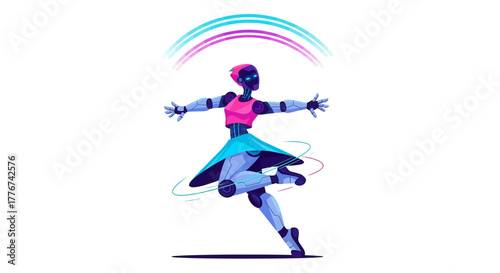 Digital Robot Ballet Dancer Performing With Futuristic Elements And Vibrant Color Accents