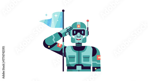 Digital Warrior Robot Saluting With Flag Symbolizing Futuristic Conquest and Achievement