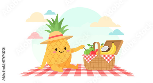 Cheerful Pineapple Enjoying A Summer Picnic With Basket Full Of Delicious Fruits