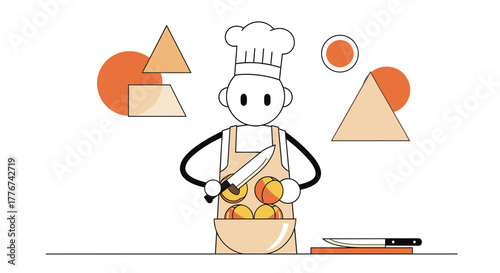 Chef Preparing Peaches In A Bowl With Abstract Geometric Background Illustration