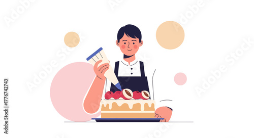 Creative Baker Adorning a Cake with Icing and Colorful Fruits for Delicious Treats