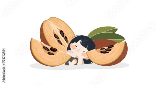 Dreamy Child Enveloped by Sweet Sapodilla Slices: A Whimsical Illustration