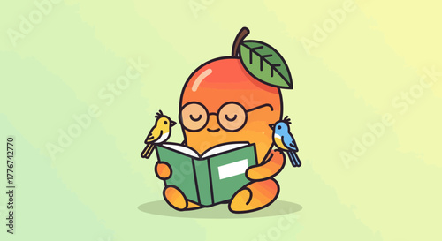 Cute Mango Character Reading a Book with Bird Companions in a Calm Scene