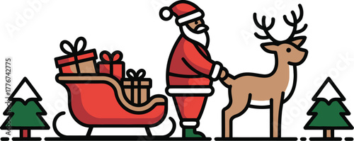 Santa claus with sleigh full of gifts and reindeer ready for christmas eve delivery