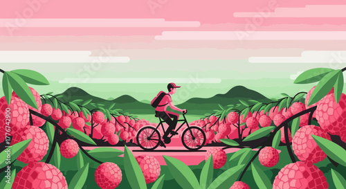 Cyclist Among Delicious Fruit Trees Enjoying The Beauty Of The Landscape While Riding