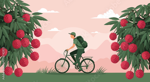 Cyclist Enjoying Nature's Lychee Bounty Amidst Lush Trees and Verdant Fields
