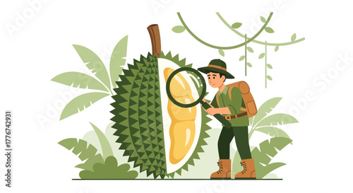 Durian Fruit Explorer Inspecting The Tropical Delight Through a Magnifying Glass