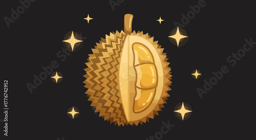 Durian Fruit Illustration With Glowing Stars, Exotic Food And Dark Background
