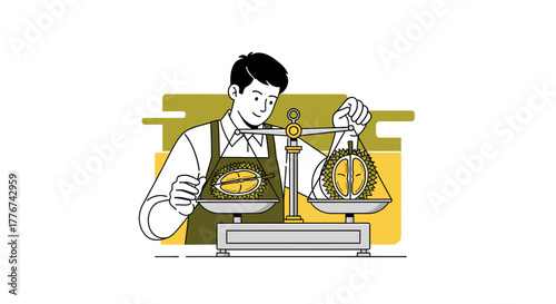 Durian Fruit Merchant Weighing Goods On A Scale With Careful Precision