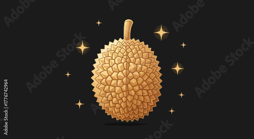 Durian Fruit Illustration with Golden Accents and Sparkles on a Dark Background