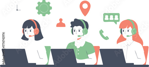 Diverse team of customer service representatives wearing headsets working together at computers in a modern office setting