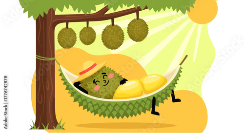 Durian Fruit Relaxing In A Hammock Under The Sunshine On A Summer Day