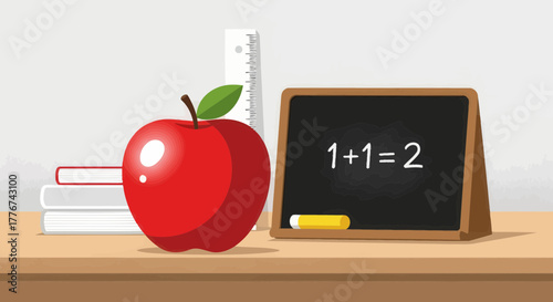 Educational Still Life: School Supplies and A Ripe Apple Depicting Basic Math Principles in A
