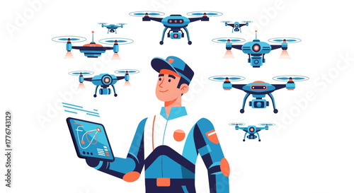 Delivery Drones Flying Controlled by Technician for Advanced Technology and Service