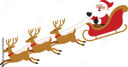 Santa claus riding in his red sleigh pulled by three reindeer across a white background