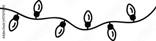 Simple hand drawn black and white illustration of a string of festive christmas lights on a wavy line