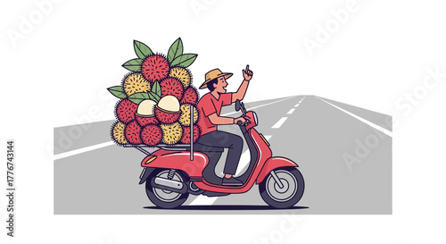 Delivery Of Tropical Rambutans On A Red Scooter Along The Road During The Day