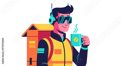 Delivery Worker Enjoying Coffee Break While Using Augmented Reality Technology