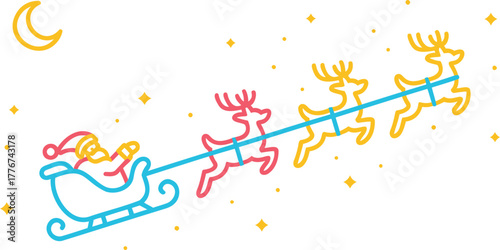 Santa claus and reindeer flying through the night sky with stars and a crescent moon
