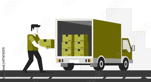 Delivery Worker Loads Boxes Into Large Transport Truck in Simple Flat Illustration Style