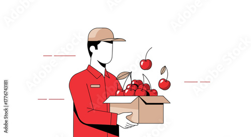 Deliveryman Delivering Fresh Cherries In a Box, Simple Flat Illustration Design