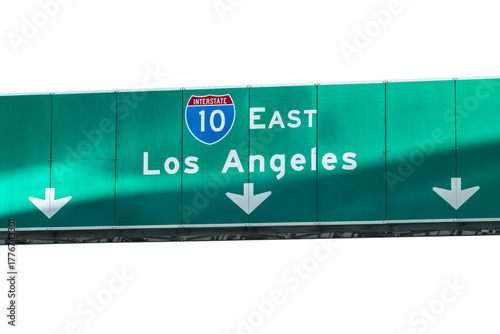 Los Angeles Interstate 10 east freeway arrow sign with light streak.  Isolated with cut out background.