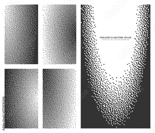 Assorted vector retro styled pixel art black white halftone pattern set in vertical 9:16 aspect ratio including edgy elliptical frame and various smooth textures. Different 8 bit design elements pack