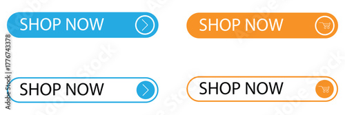 Shop now buttons set vector for online shop. Modern colorful buttons for website design. EPS 10
