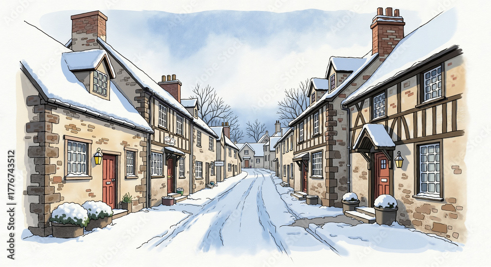 Fototapeta premium Snowy village street with charming houses in winter scene - Concept of Winter Holiday Travel 