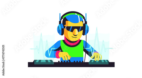 Energetic Dj Wearing Sunglasses And Headphones Mixing Music At A Party Celebration
