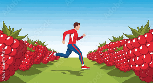 Energetic Runner In A Raspberry Field With Blue Sky Over An Orchard Landscape