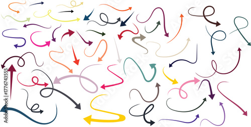 Colorful Curls Vector Arrow Set Directional Guide Artistic Paths Navigation Choice Decorative on transparent background