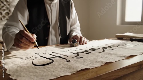 Closeup of a calligraphers hand meticulously writing Arabic script on aged paper with a traditional pen and ink.