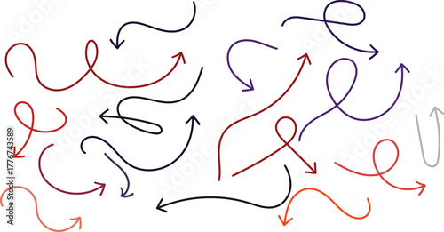 Animated Arrow Vector Graphics Flow Direction Route Navigation Colorful Line Art Doodle Set on transparent background